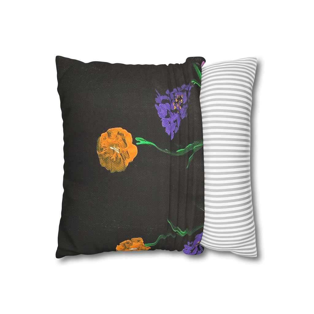 Faux Suede Pillow — Dark Floral Orange & Purple Blooms Decorative Throw Pillowcase