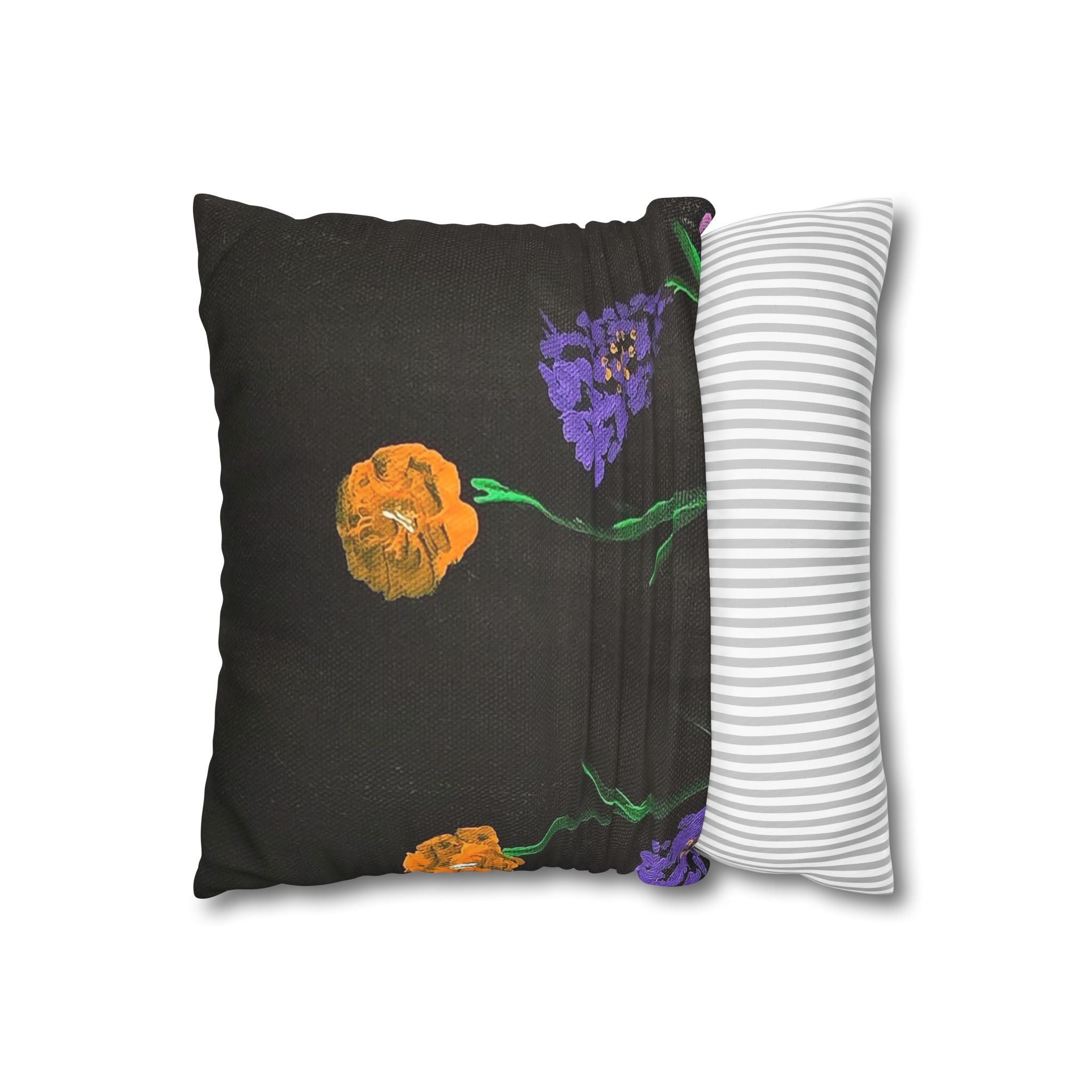 Faux Suede Pillow — Dark Floral Orange & Purple Blooms Decorative Throw Pillowcase