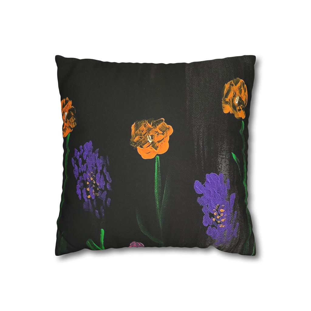 Faux Suede Pillow — Dark Floral Orange & Purple Blooms Decorative Throw Pillowcase