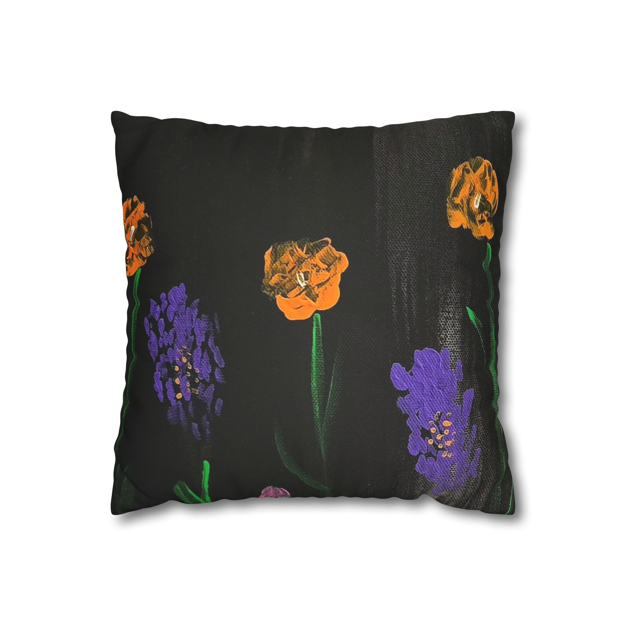 Faux Suede Pillow — Dark Floral Orange & Purple Blooms Decorative Throw Pillowcase