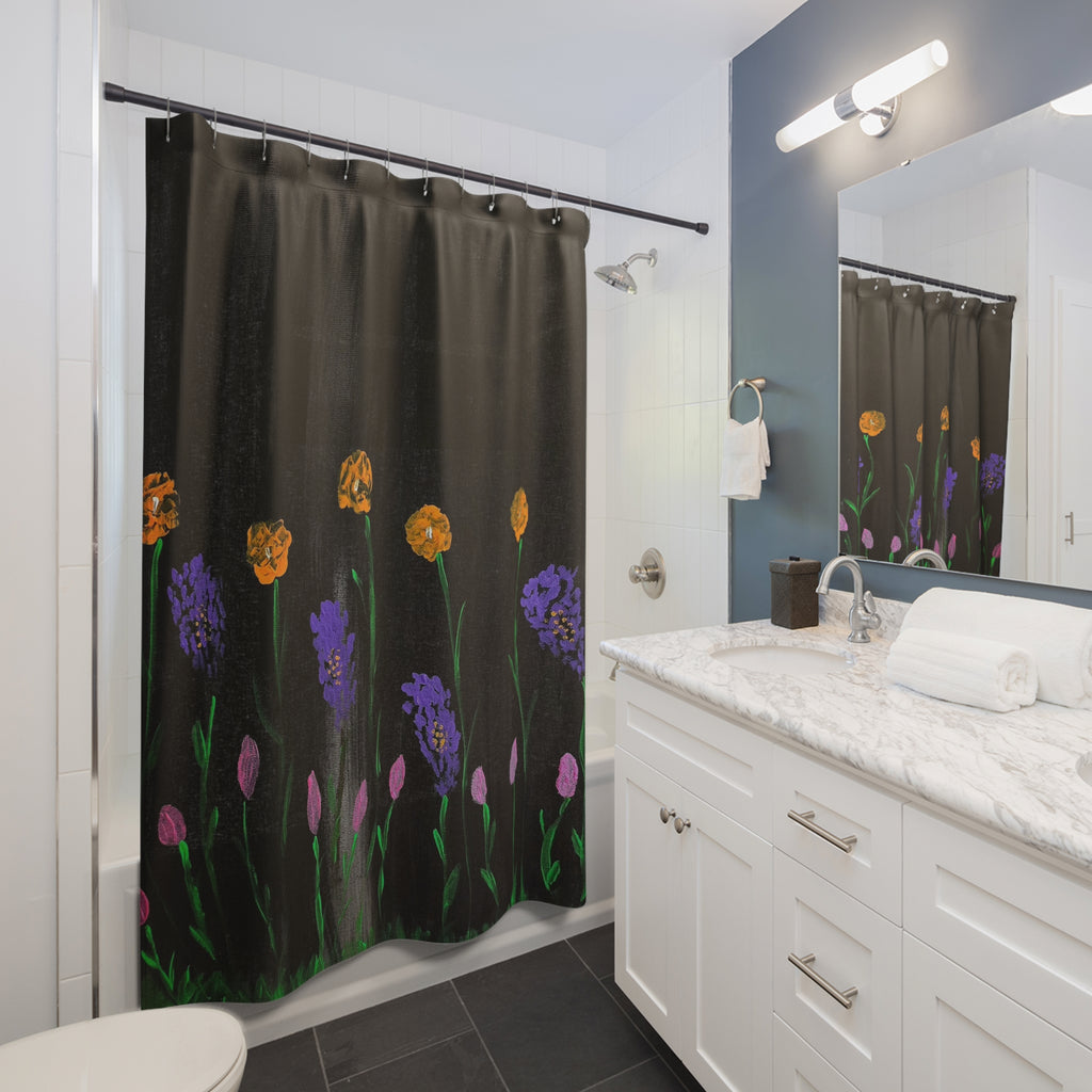 Floral Noir Shower Curtain – Hand-Painted Wildflowers on Black Bathroom Curtain