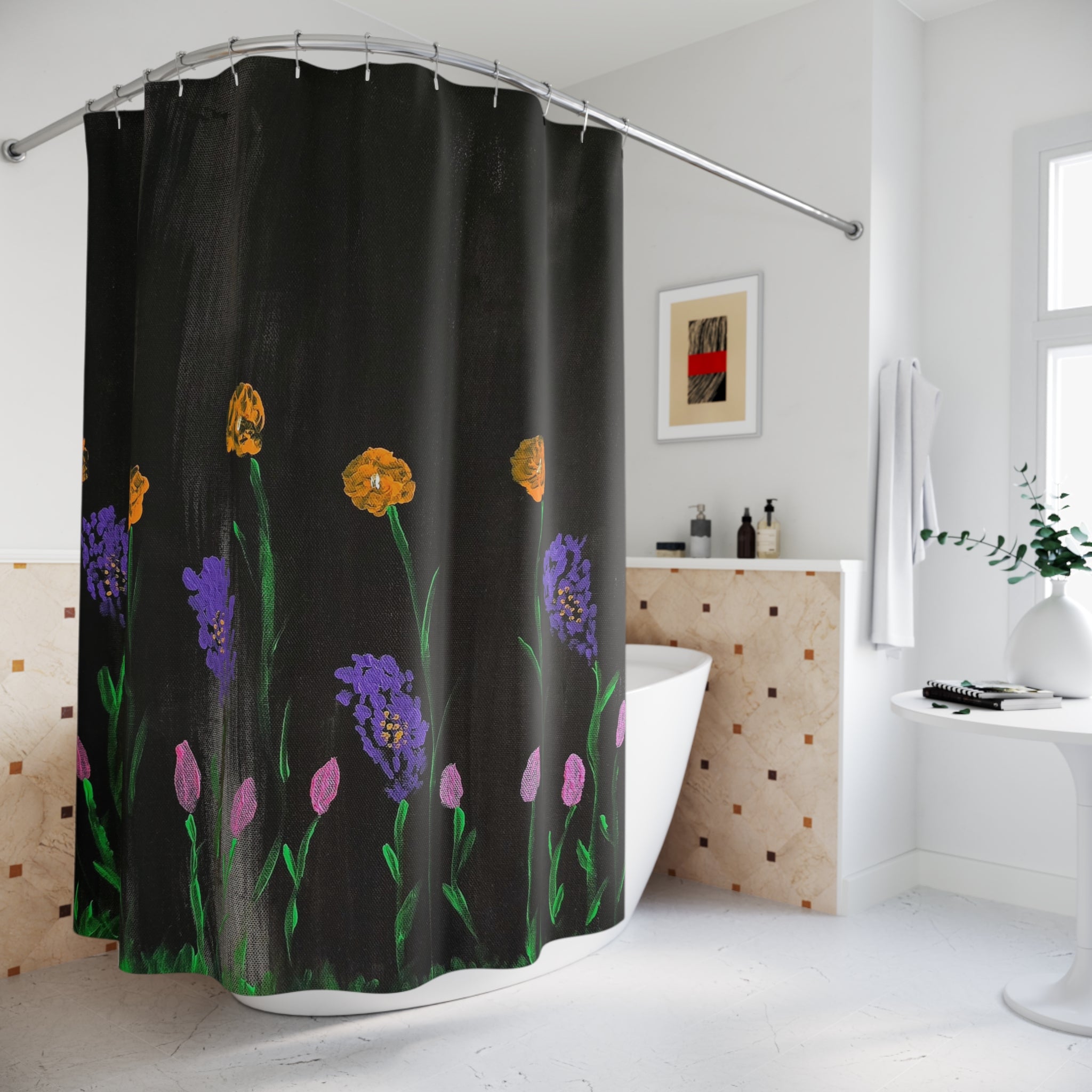 Floral Noir Shower Curtain – Hand-Painted Wildflowers on Black Bathroom Curtain