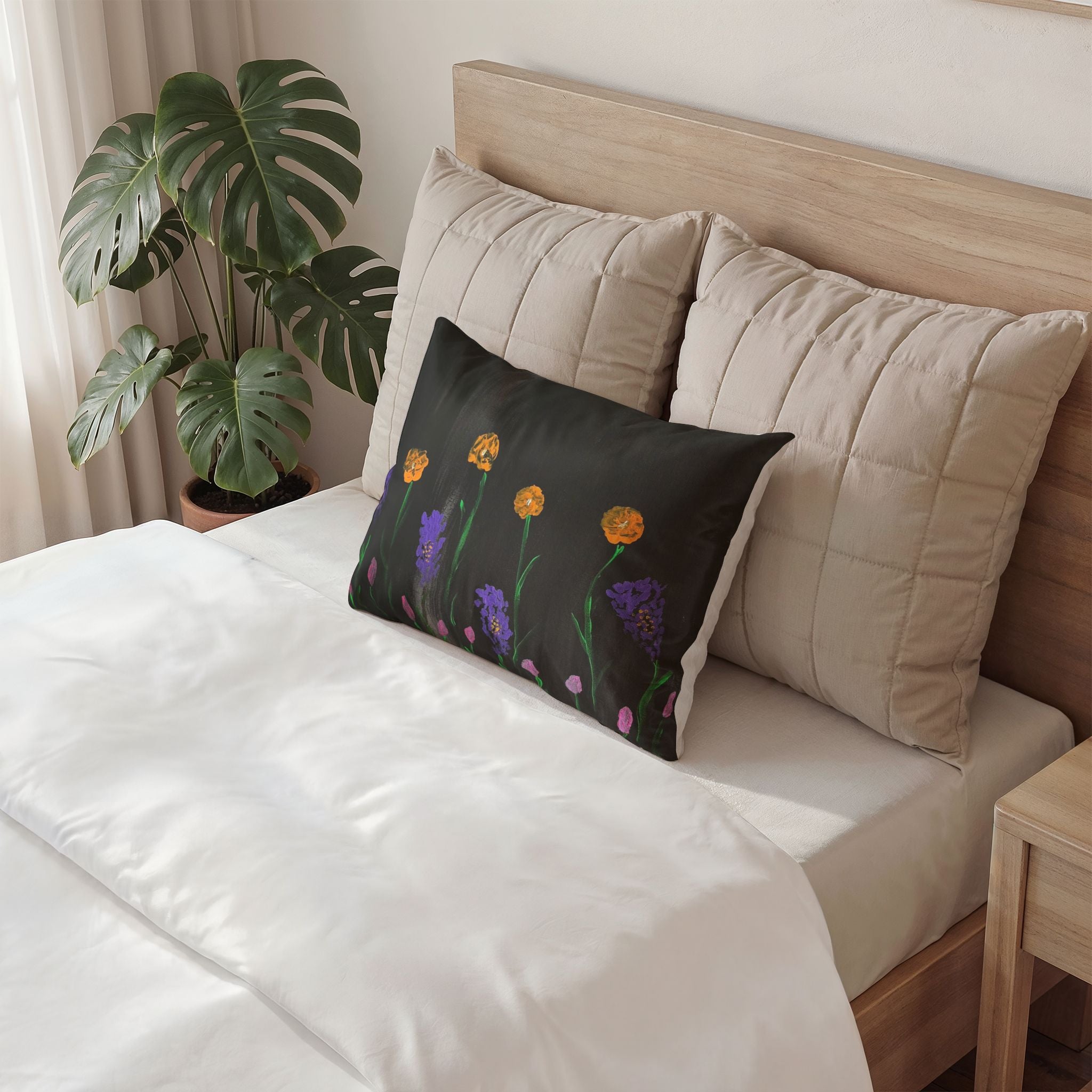 Floral Garden Cotton Pillow Sham — Hand-Painted Yellow & Purple Blooms on Black