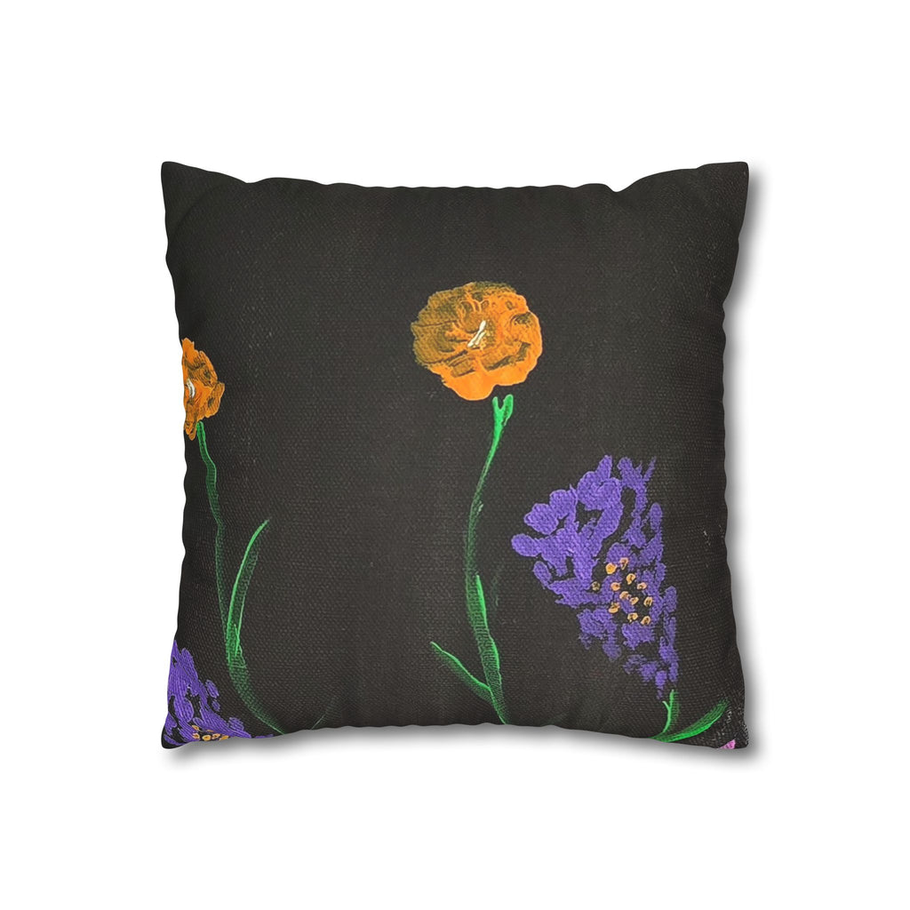 Faux Suede Pillow — Dark Floral Orange & Purple Blooms Decorative Throw Pillowcase