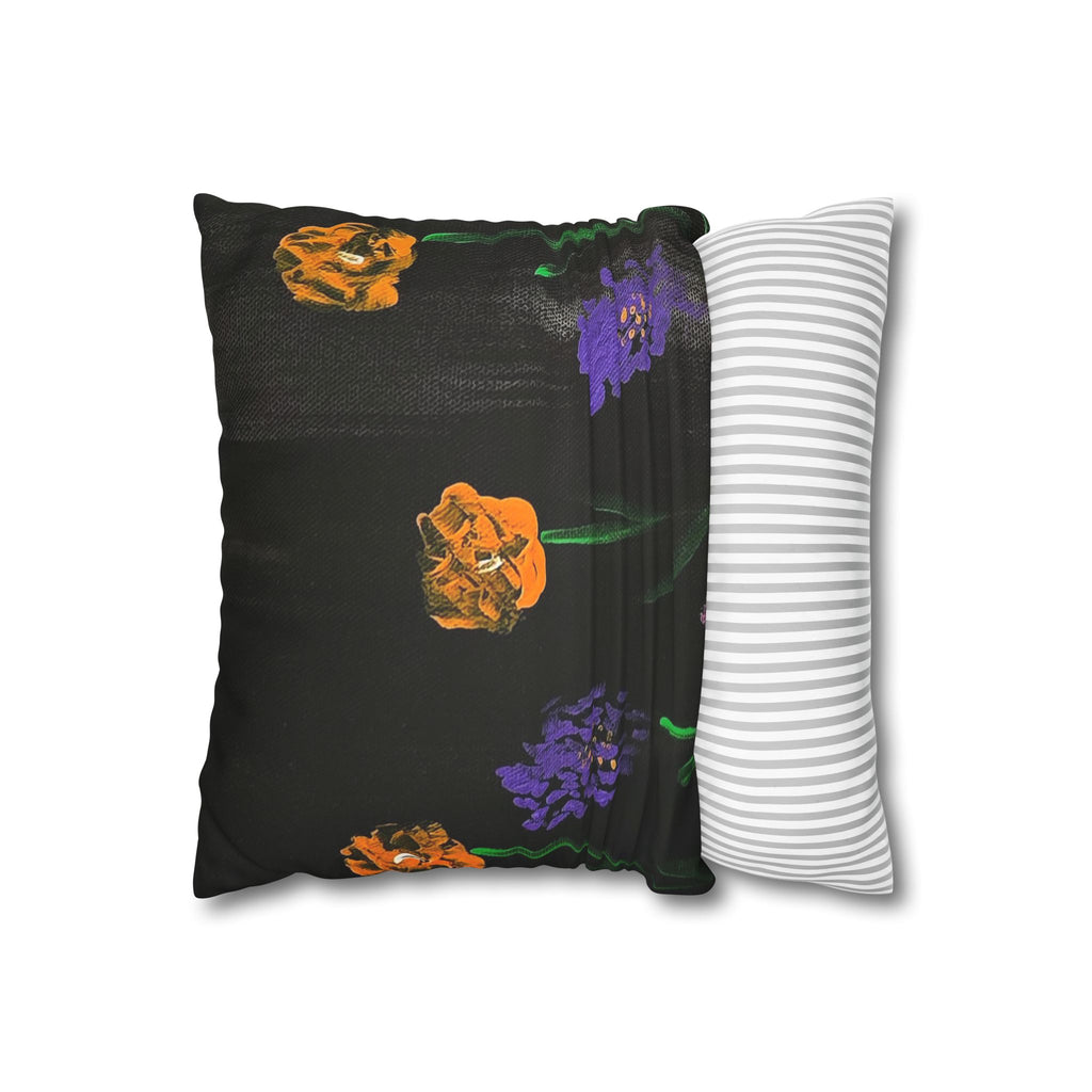 Faux Suede Pillow — Dark Floral Orange & Purple Blooms Decorative Throw Pillowcase