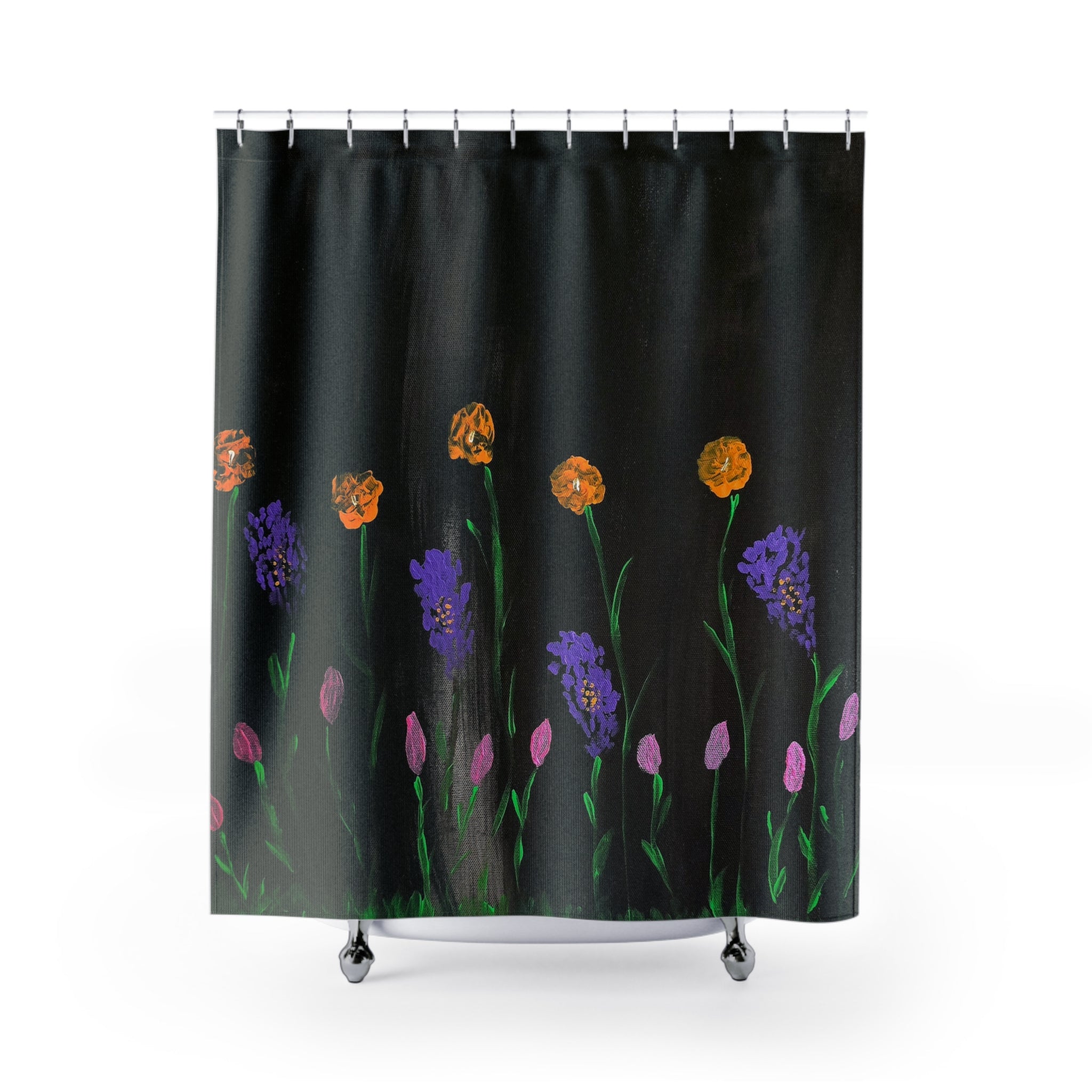 Floral Noir Shower Curtain – Hand-Painted Wildflowers on Black Bathroom Curtain